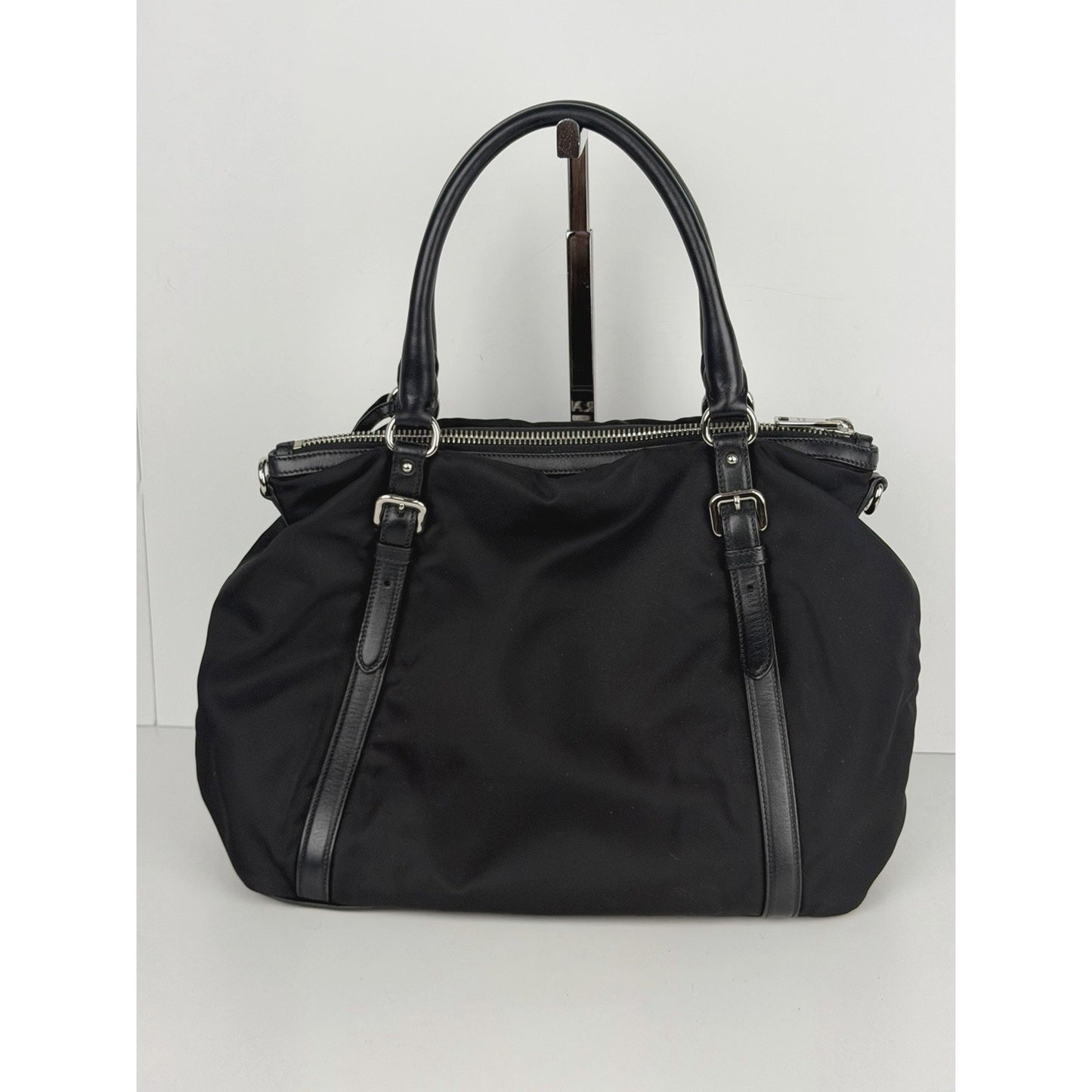 Prada Tessuto Top-Handle Bag Medium in Black Nylon with Silver Hardware S-12