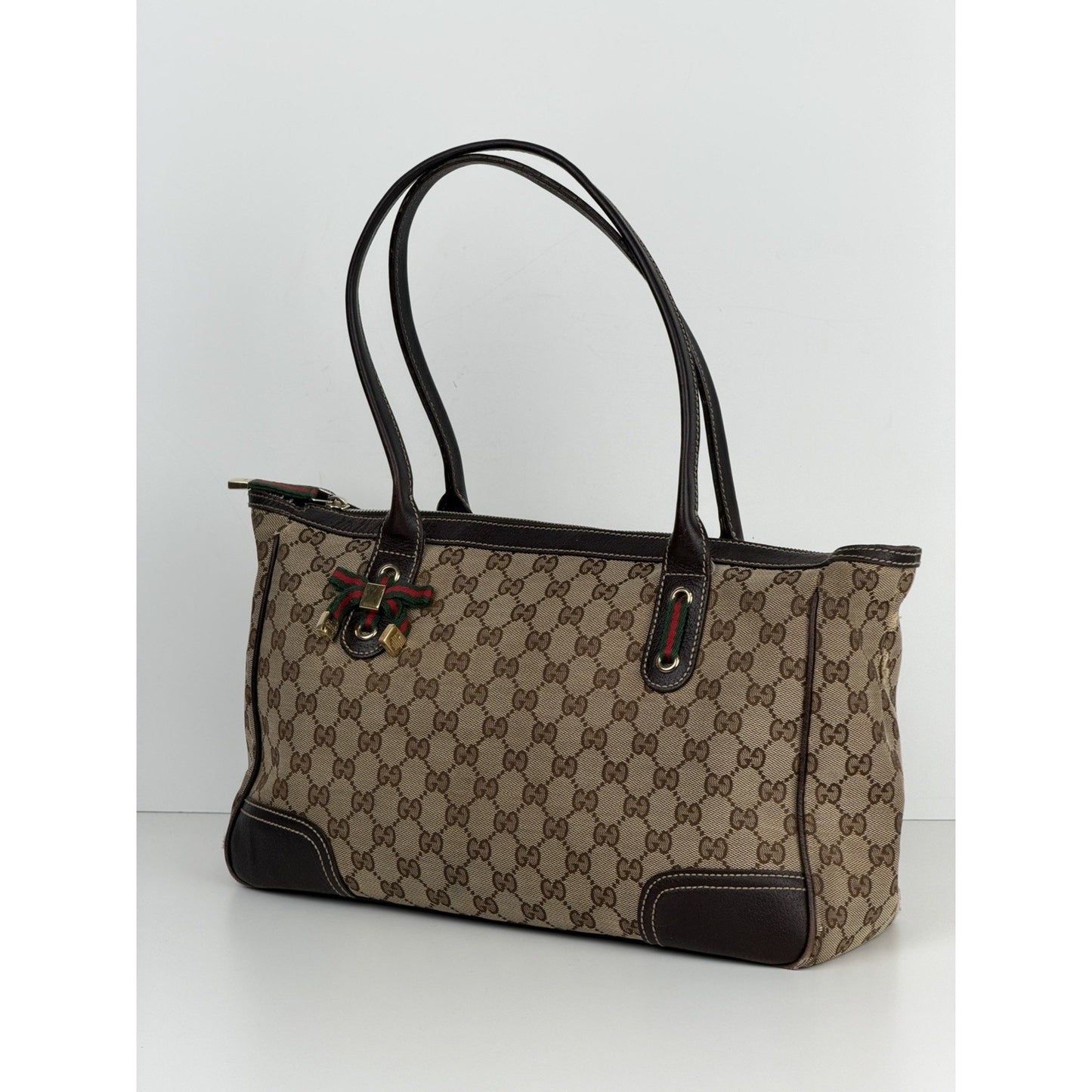 Gucci Medium Princy Tote Bag in GG Monogram Brown Canvas with Web Ribbon S18