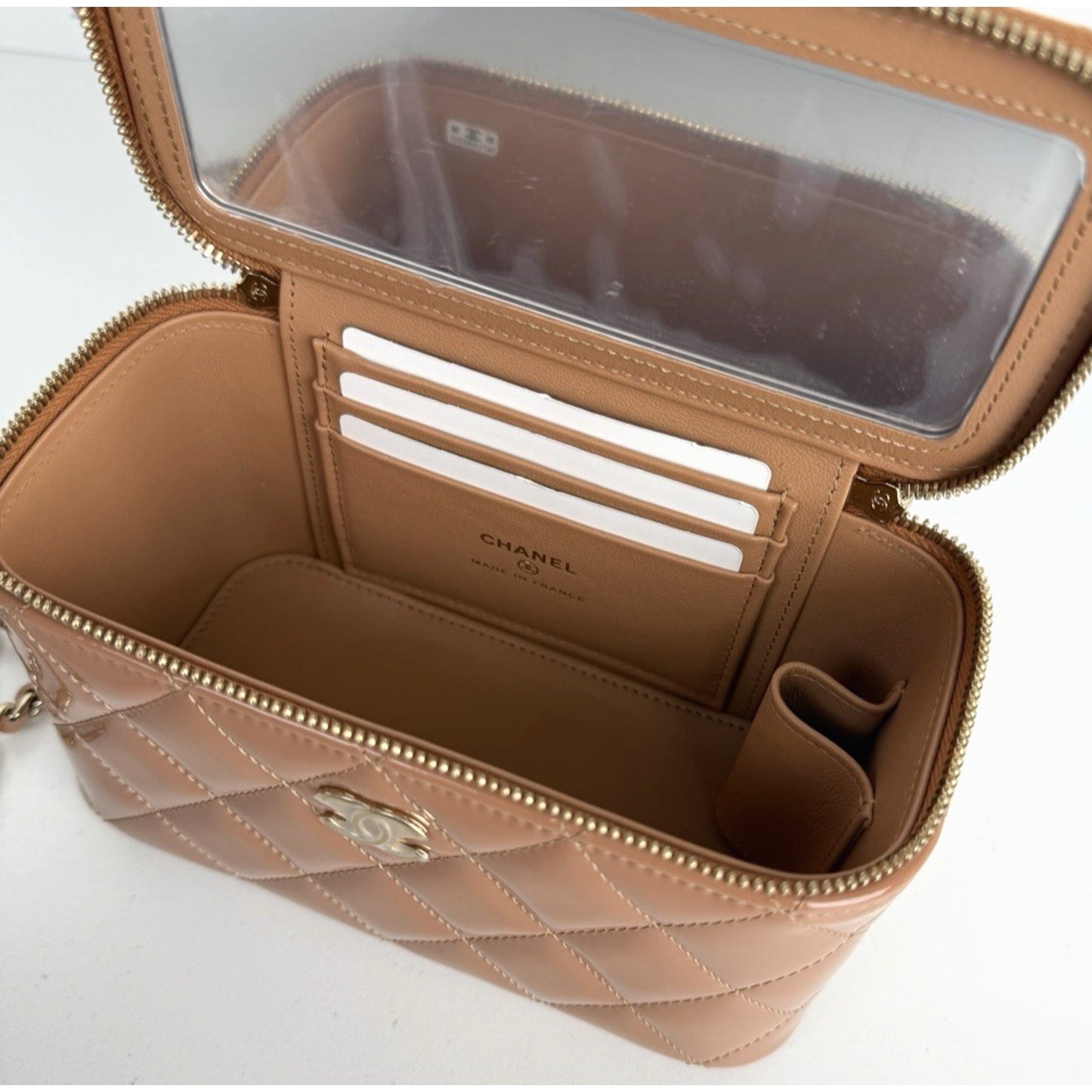 Chanel Vanity Case Small Top Handle Bag in Glossy Beige With Chain NFC B1