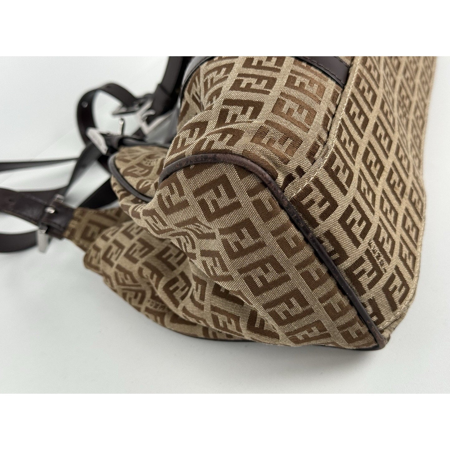 Fendi Zucchino Canvas Monogram Bag with Leather Trim and Silver Hardware