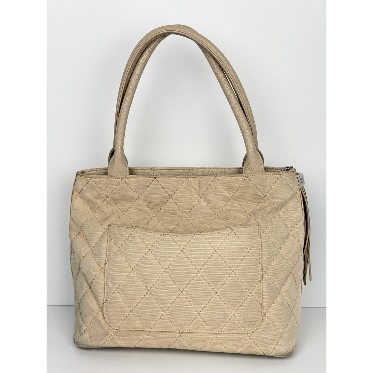 Chanel Quilted Caviar Logo and Canvas Medallion Tote Handbag Beige 2004-2005 C7