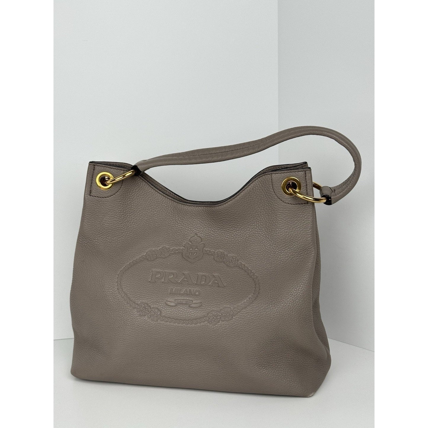 Prada Vitello Phenix Taupe Leather Logo Hobo Shoulder Bag