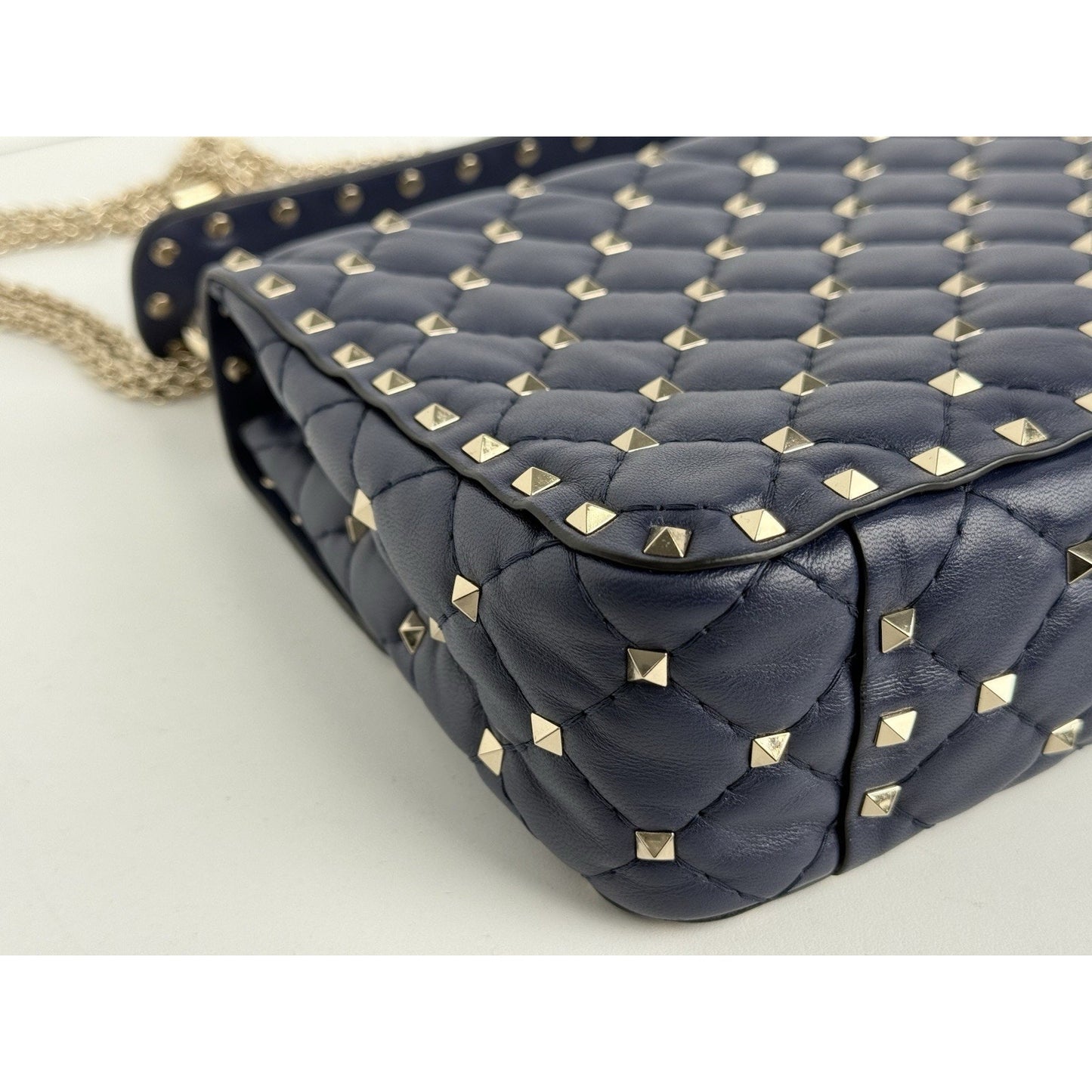 Valentino Garavani Nappa VLTN Print Medium Rockstud Spike Shoulder Bag Navy Blue