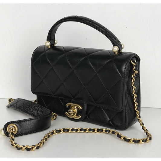 Chanel Pearl Mini Top Handle Flap Bag in Black Quilted Lambskin Leather NFC D8