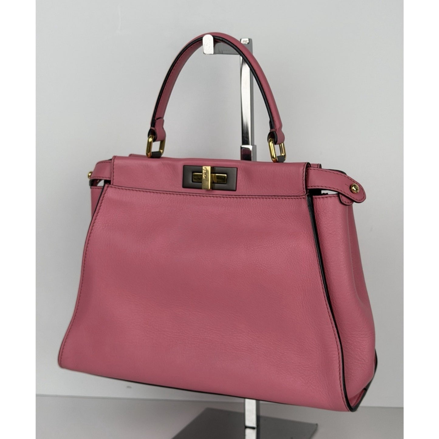 Fendi Peekaboo HandBag Medium Pink Calfskin Leather & Gold-Tone Twist Lock C3