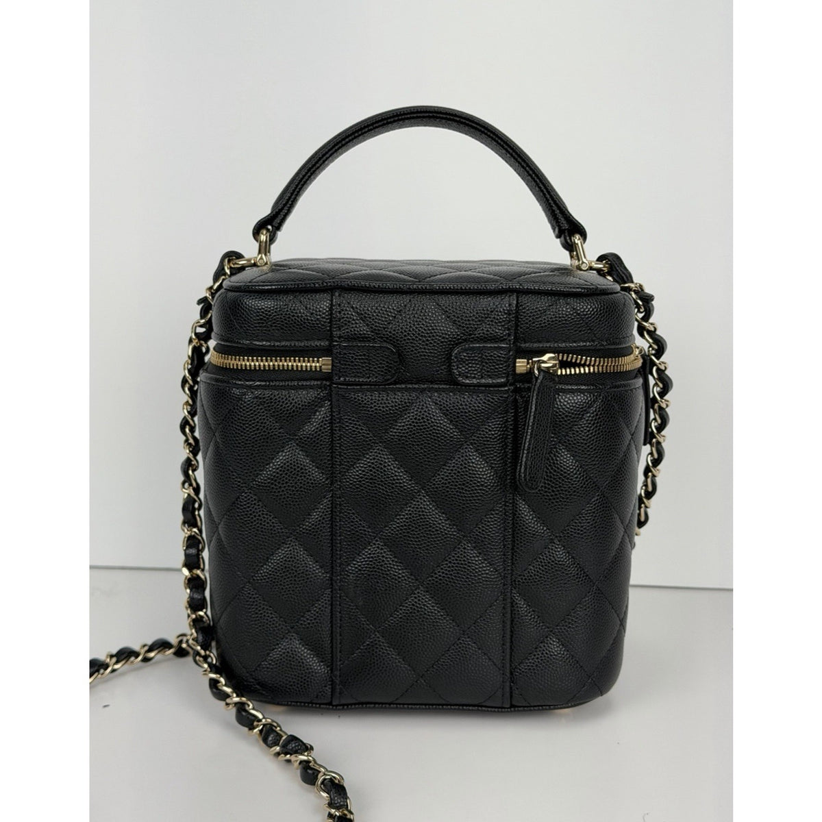 Chanel Vanity Case Top Handle Crossbody Bag Black Quilted Caviar Leather NFC F3