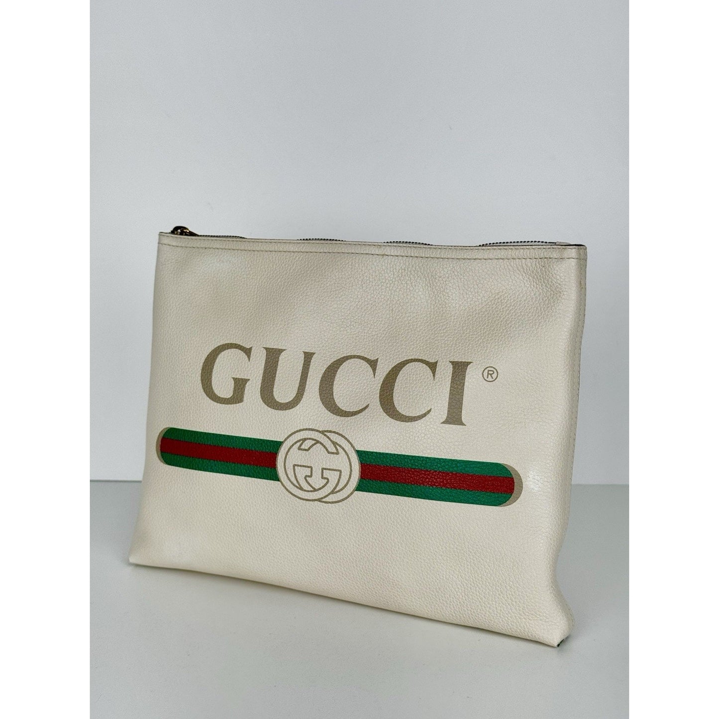 Gucci White Leather Logo Print Zip Pouch with Gold Hardware D-1