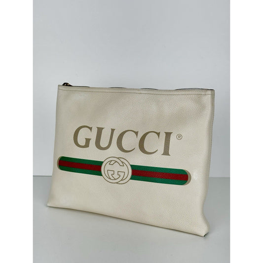 Gucci White Leather Logo Print Zip Pouch with Gold Hardware D-1
