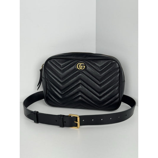 GUCCI Calfskin Matelasse Mens GG Marmont Belt Bag 80 32 Black C-2