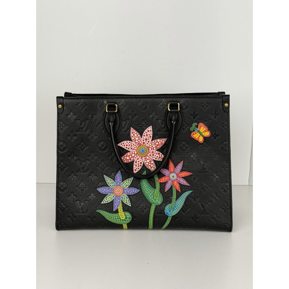 Louis Vuitton Kusama Flowers OnTheGo MM Handbag Black Empreinte Leather NFC D4