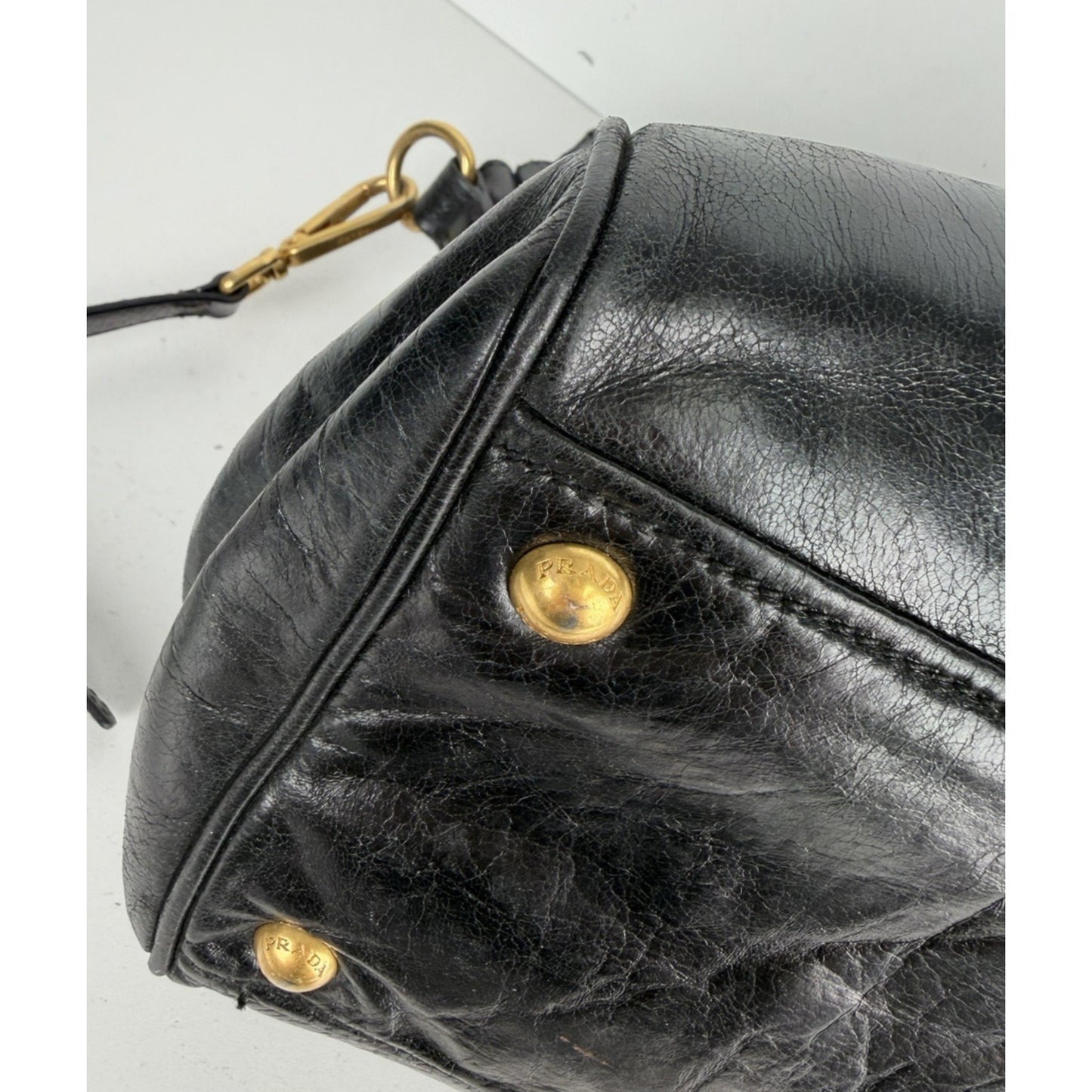 Prada Shopping Satchel Bag Medium Black Vitello Crinkled Leather Gold Hardware S