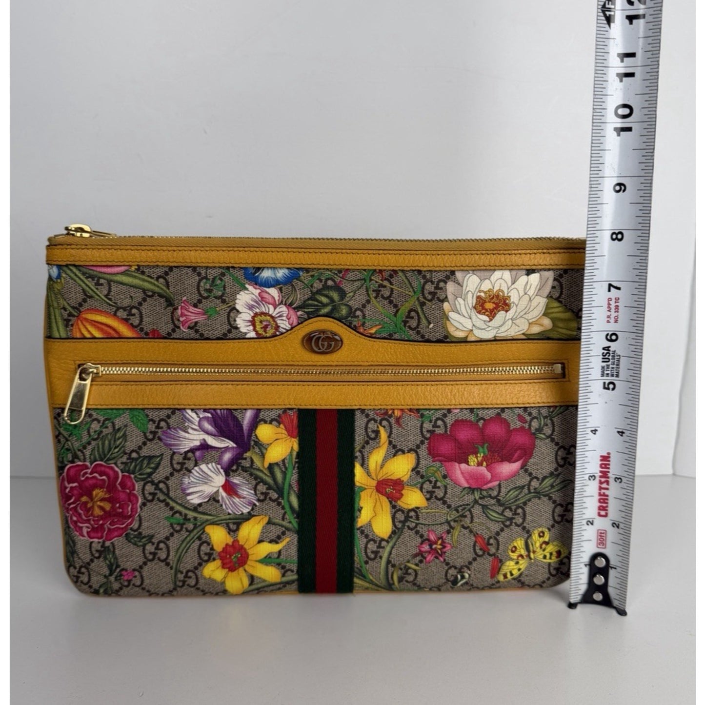 Gucci Large Ophidia Flora GG Pouch Bag in Canvas & Yellow Leather Trim S03