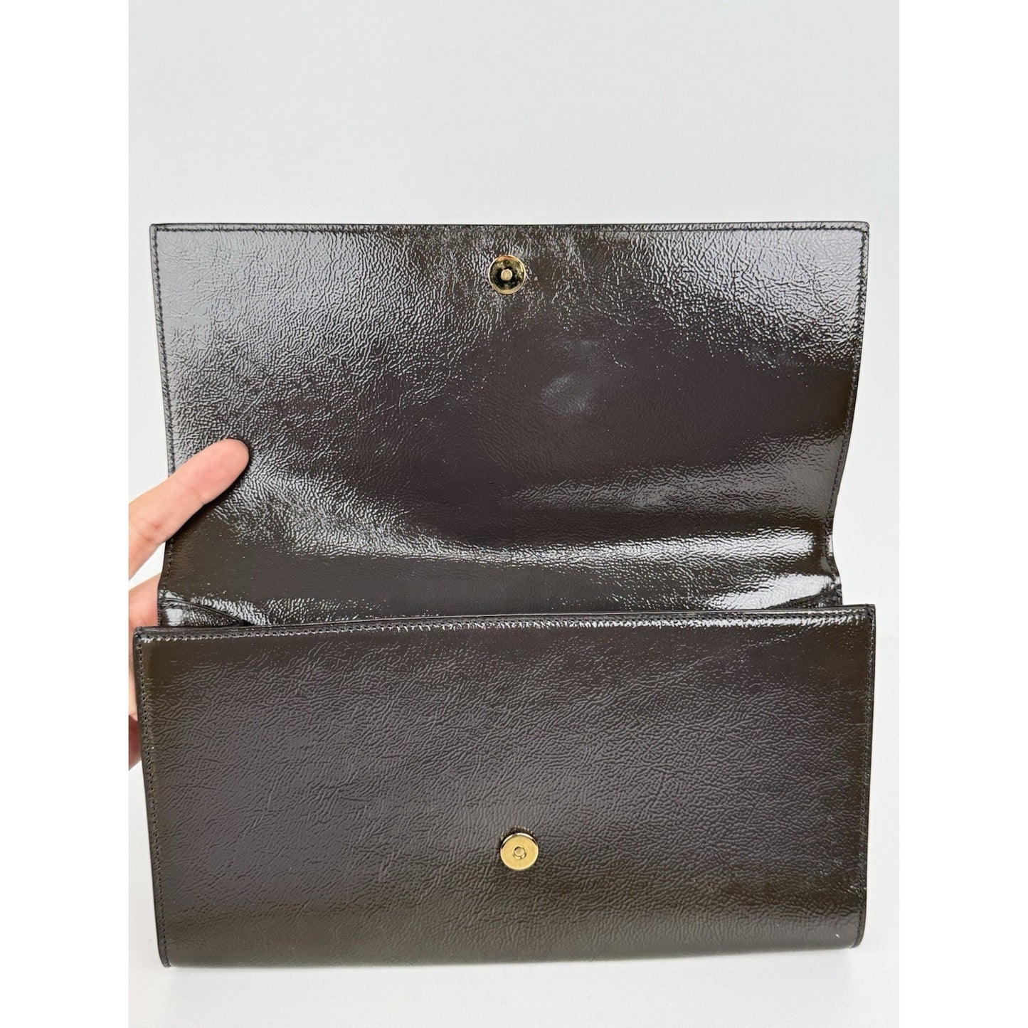 Saint Laurent Belle De Jour Patent Leather Flap Clutch Khaki w Gold Hardware C-6