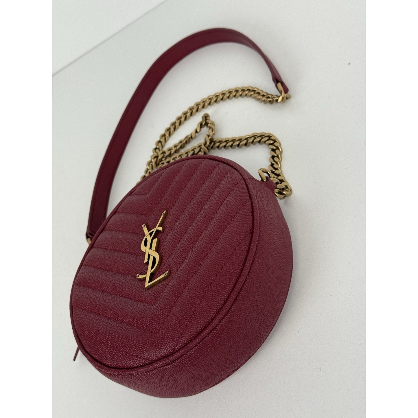 Saint Laurent Monogram Round Bag Burgundy with Gold Hardware