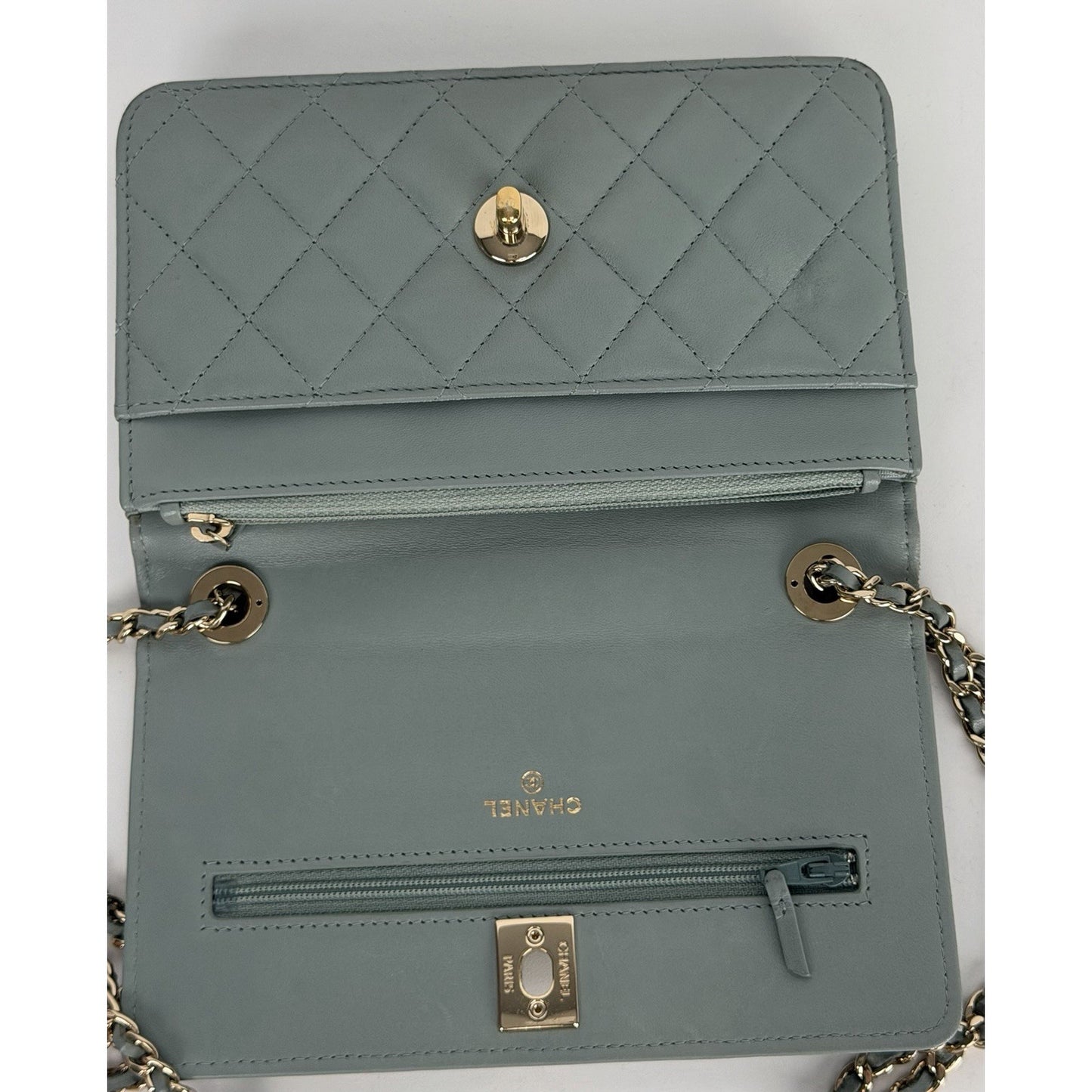 Chanel Lambskin Quilted CC Pearl Crush Wallet on Chain in Grey NFC E2