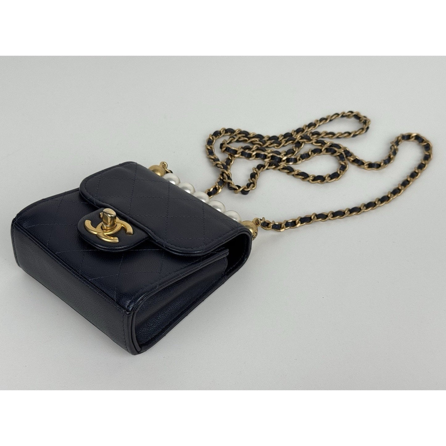Chanel Mini Flap Navy Blue Metallic Lambskin with Pearl Hardware (2019) D-6