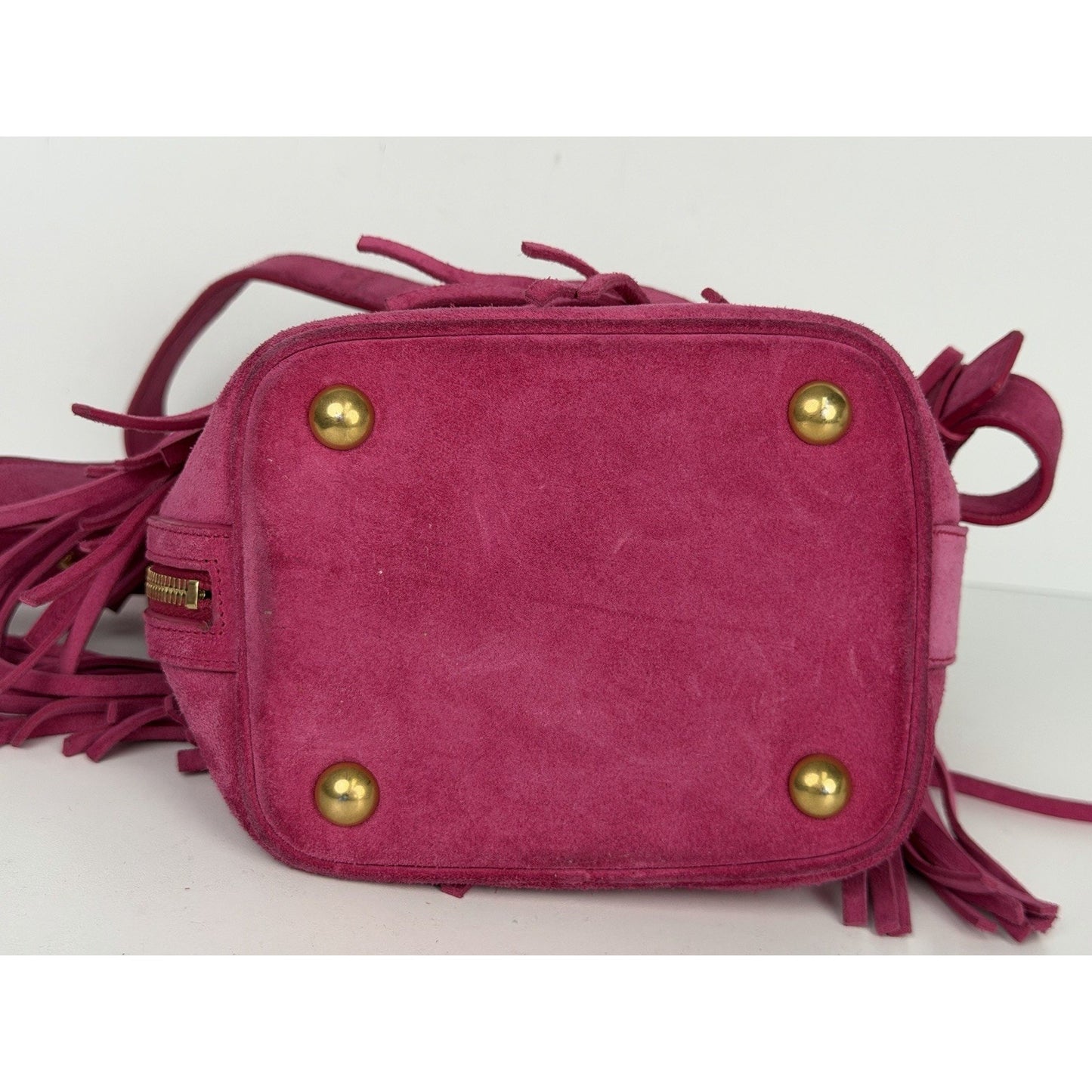 Saint Laurent Emmanuelle Fringe Bucket Bag in Pink Suede F2