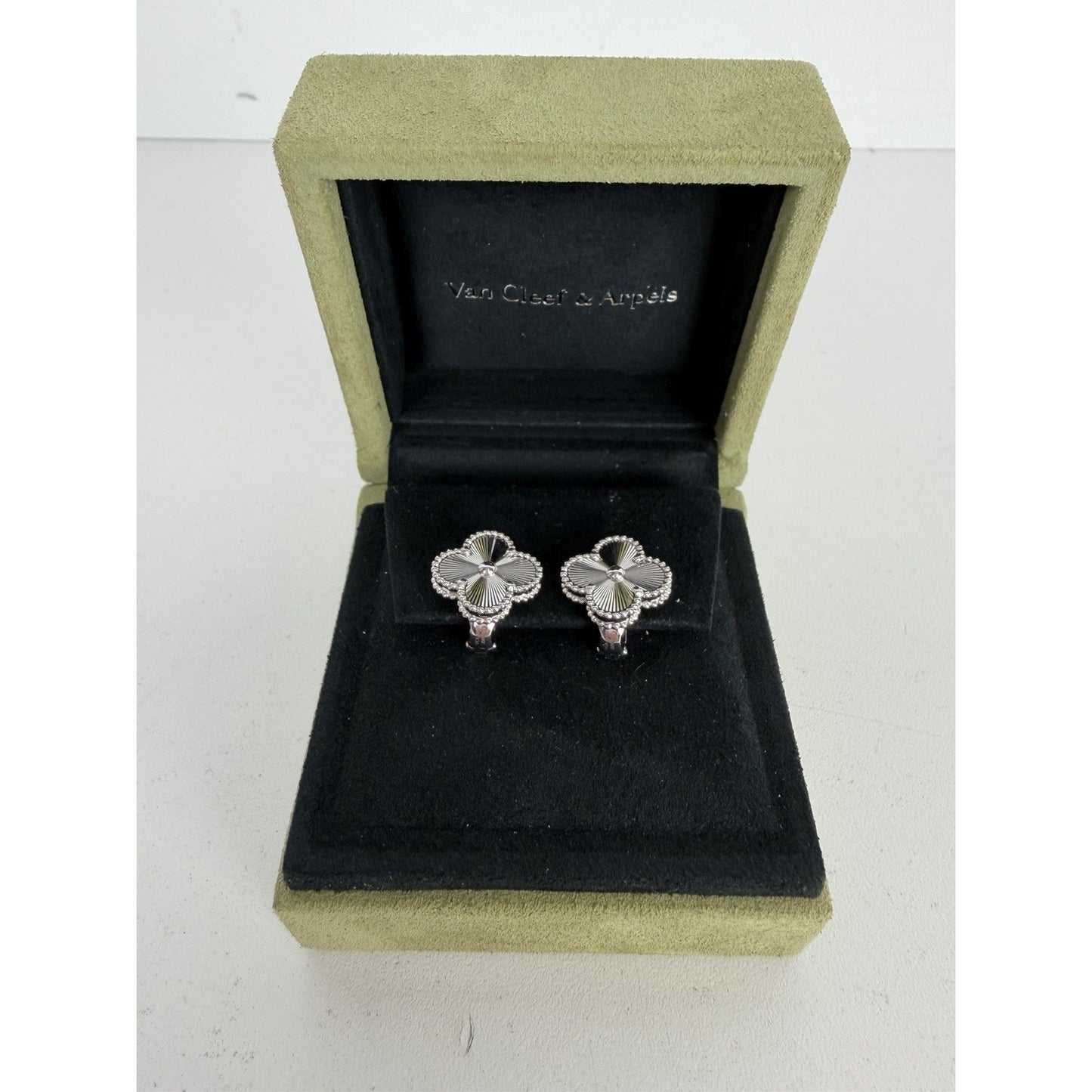 Van Cleef & Arpels Guilloche Alhambra Clover Earrings in 18k White Gold