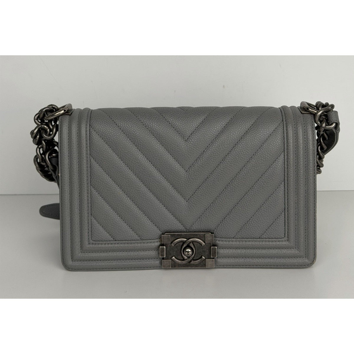 (LAYAWAY) Chanel Medium Boy Flap Bag in Grey Chevron Quilted Caviar Leather 2019 C9 (Copy)