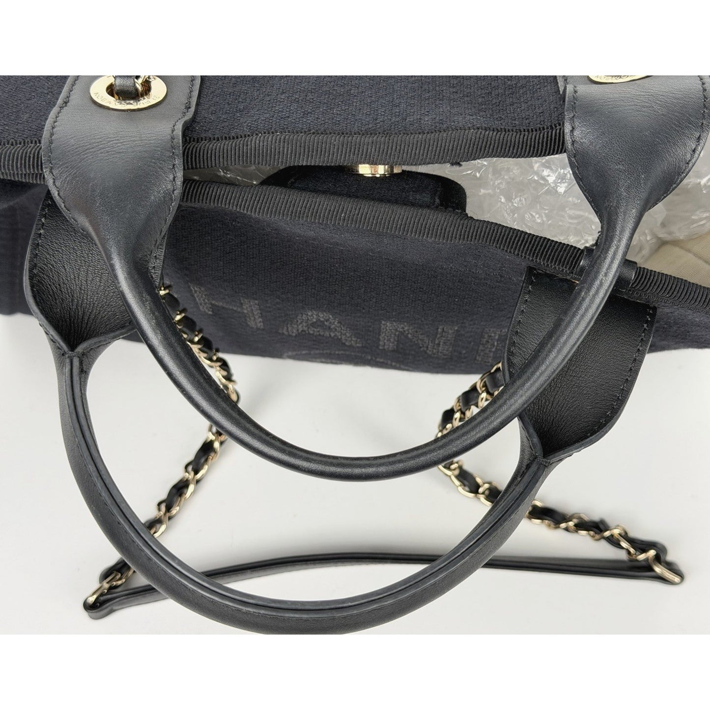 Chanel Deauville Tote Bag Smmall in Black Canvas with Gold-Tone Hardware NFC C4