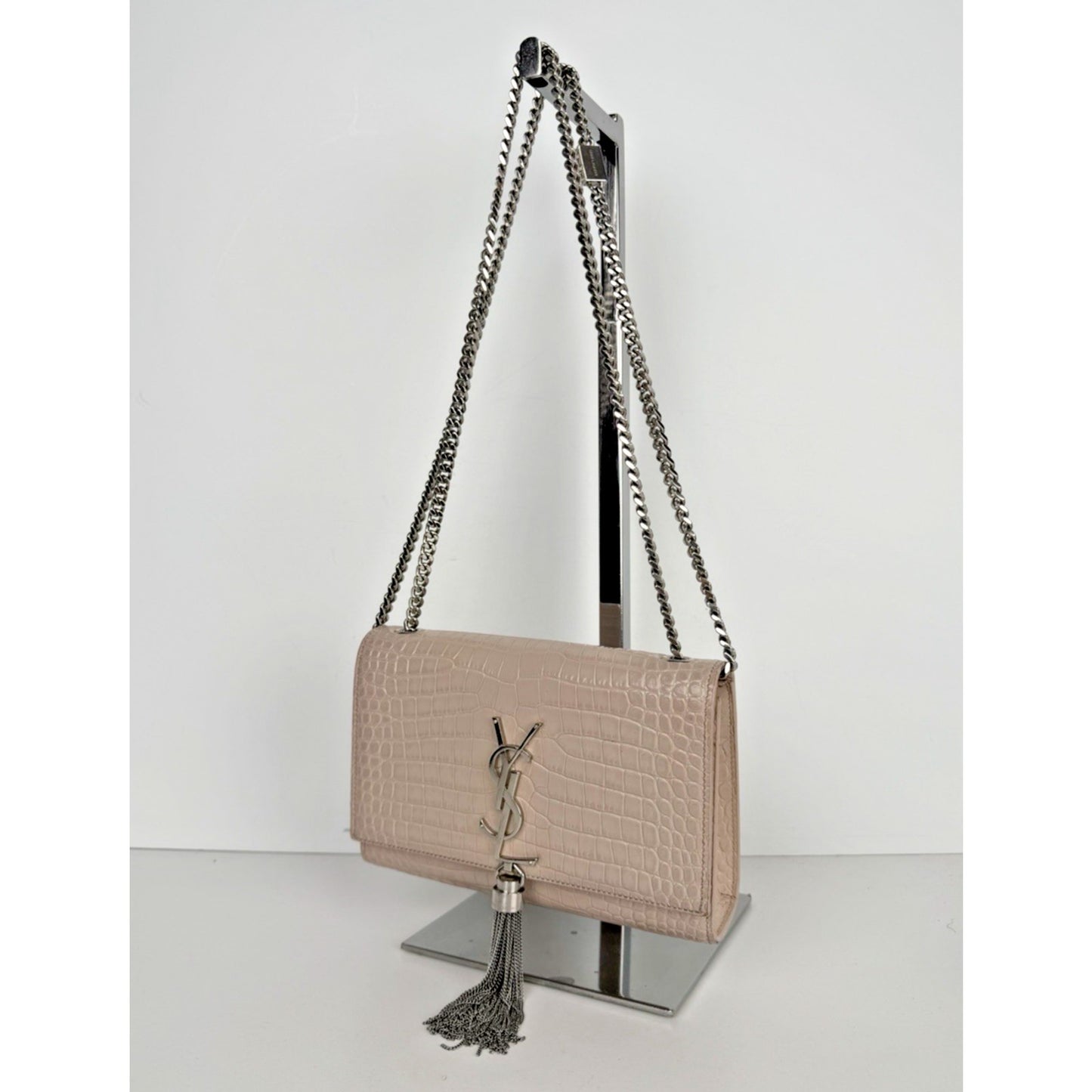 Saint Laurent Kate Monogram Tassel Bag Small Dusty Pink Croc-Embossed Leather S4