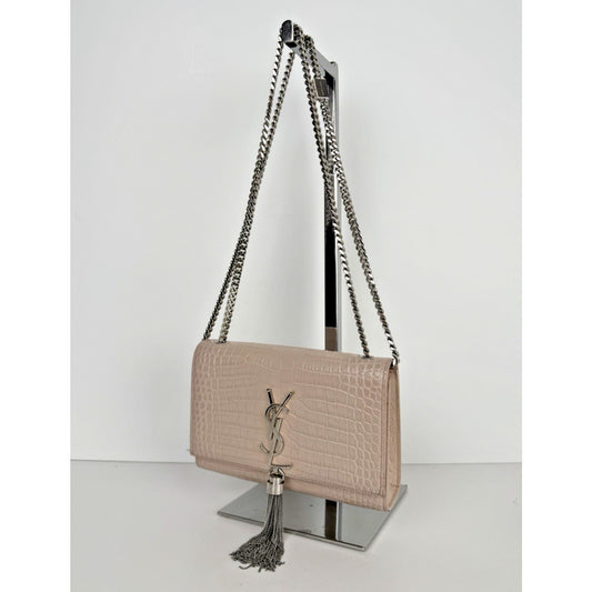 Saint Laurent Kate Monogram Tassel Bag Small Dusty Pink Croc-Embossed Leather S4