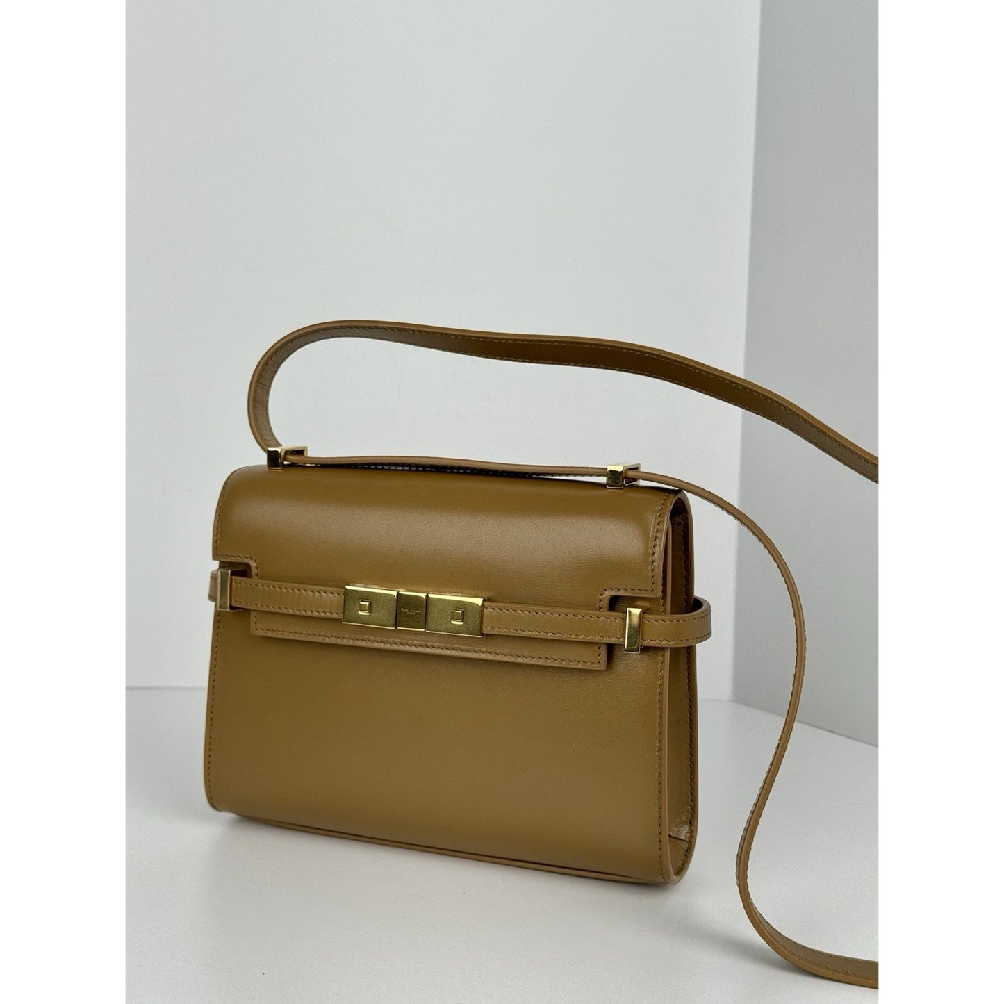 Saint Laurent Smooth Calfskin Mini Manhattan Shoulder Bag in Brown