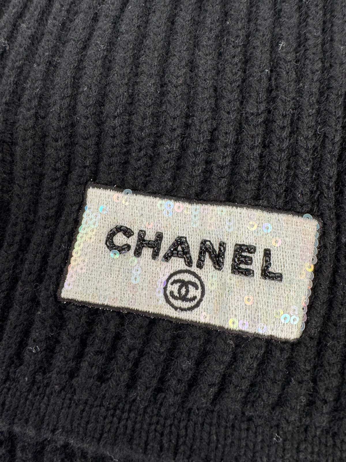 Chanel Knit Scarf in Black Cashmere with Sequin Logo Y