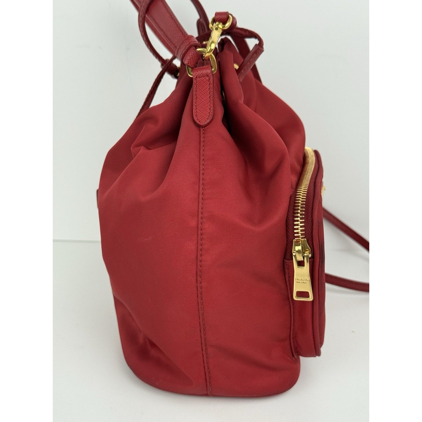 Prada Re-Nylon Alabastro Red Saffiano Duet Bucket Backpack