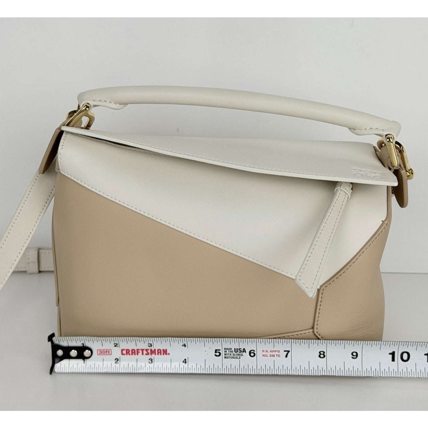 LOEWE Puzzle Edge Shoulder Bag Small in Beige and White Calfskin Leather F3