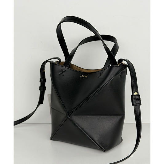 Loewe Shiny Calfskin Mini Puzzle Fold Tote Bag in Black Leather F2