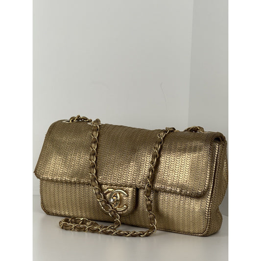 CHANEL Metallic Gold Lambskin Fish Skin Pattern Laser Cut Small Shoulder Bag