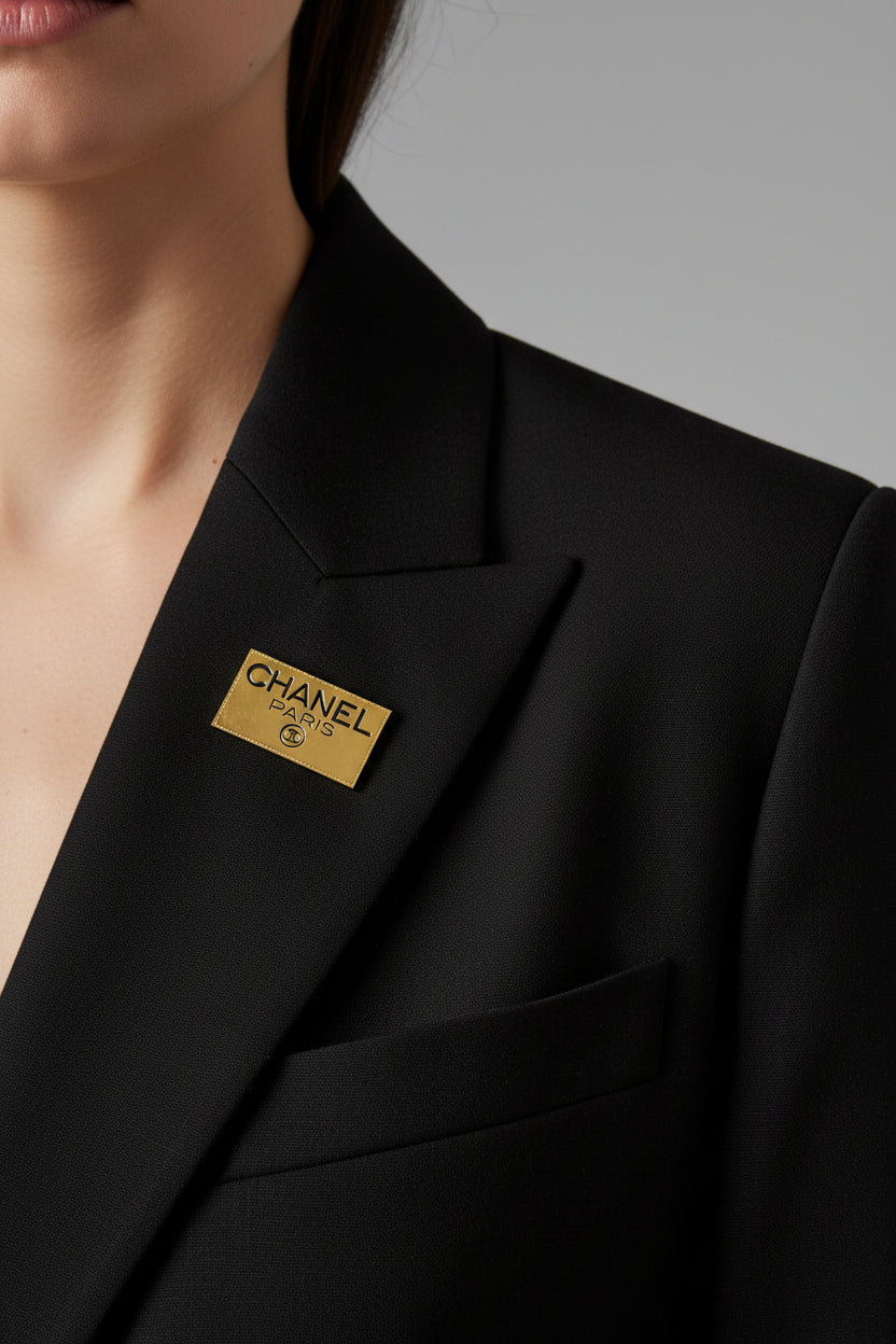 Chanel Metal Logo Plate Brooch Gold
