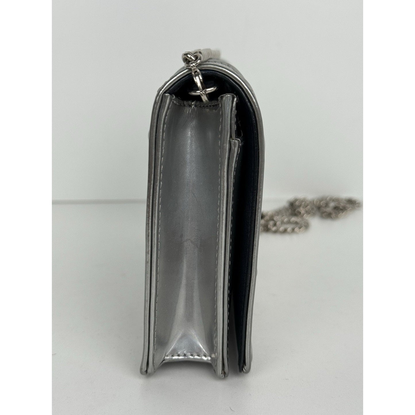 Dior Micro-Cannage Diorama Wallet on Chain Pouch Metallic Silver Patent Leather