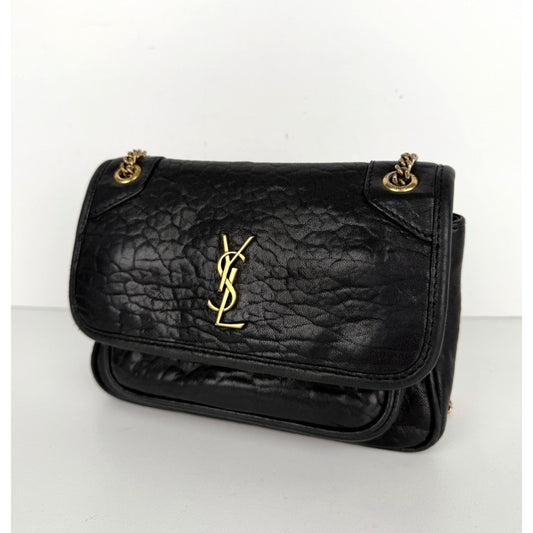 Saint Laurent Niki Mini Shoulder Bag in Black Crinkled Vintage Leather B-6