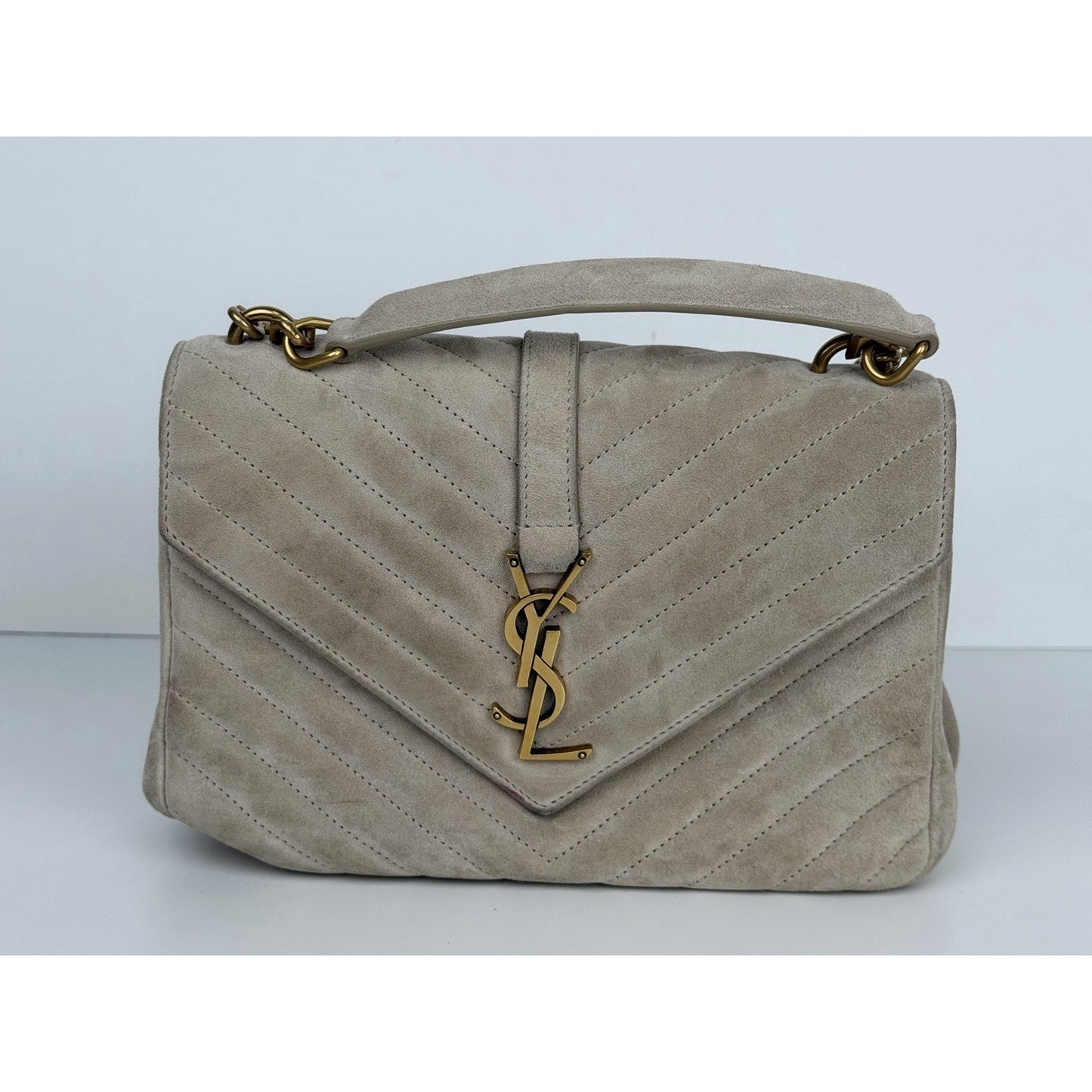 Saint Laurent Medium College Bag in Quilted Taupe Suede S10