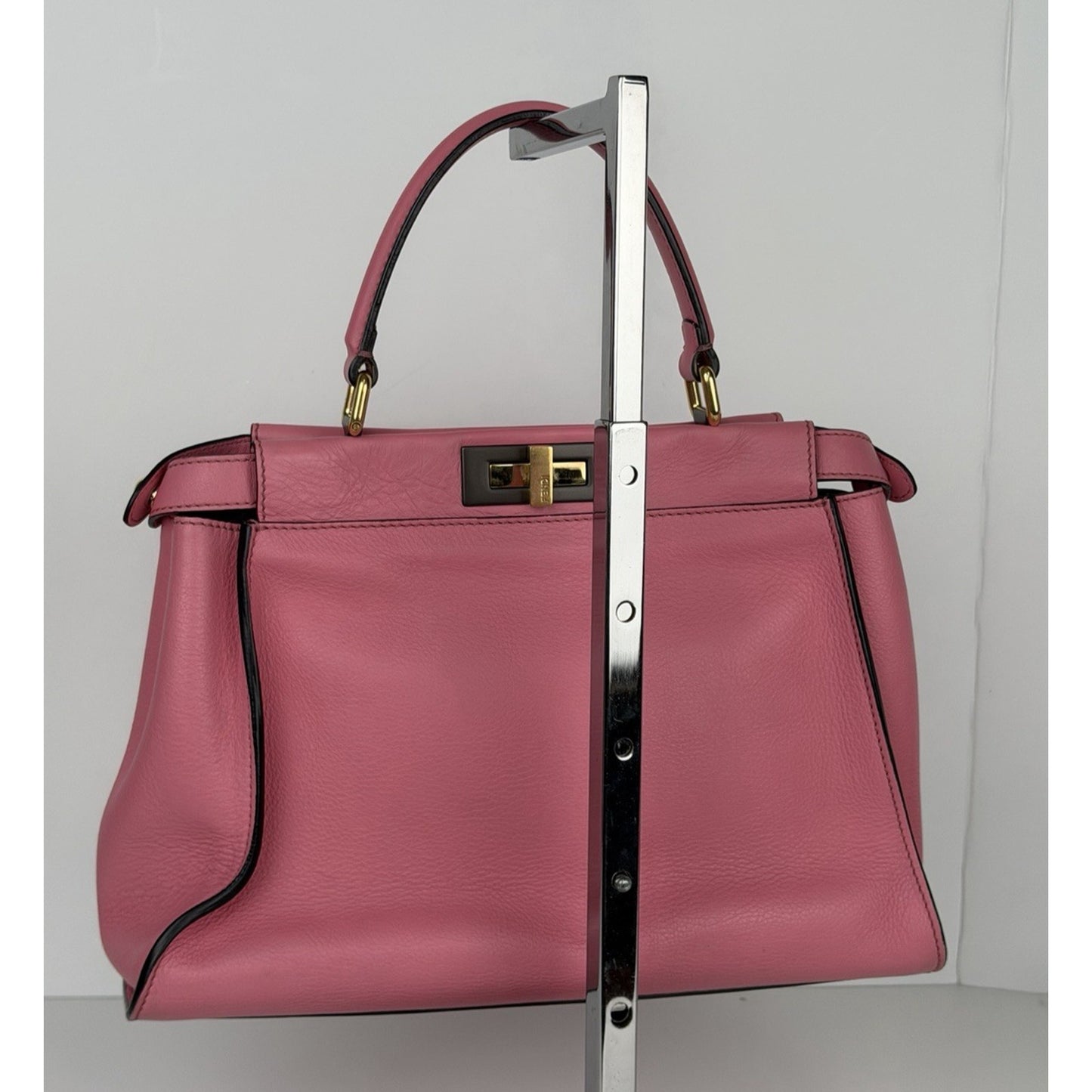 Fendi Peekaboo HandBag Medium Pink Calfskin Leather & Gold-Tone Twist Lock C3