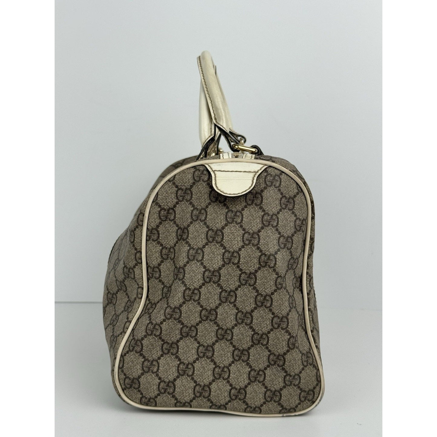 Gucci GG Supreme Medium Joy Boston Bag Brown Canvas White Leather Trim