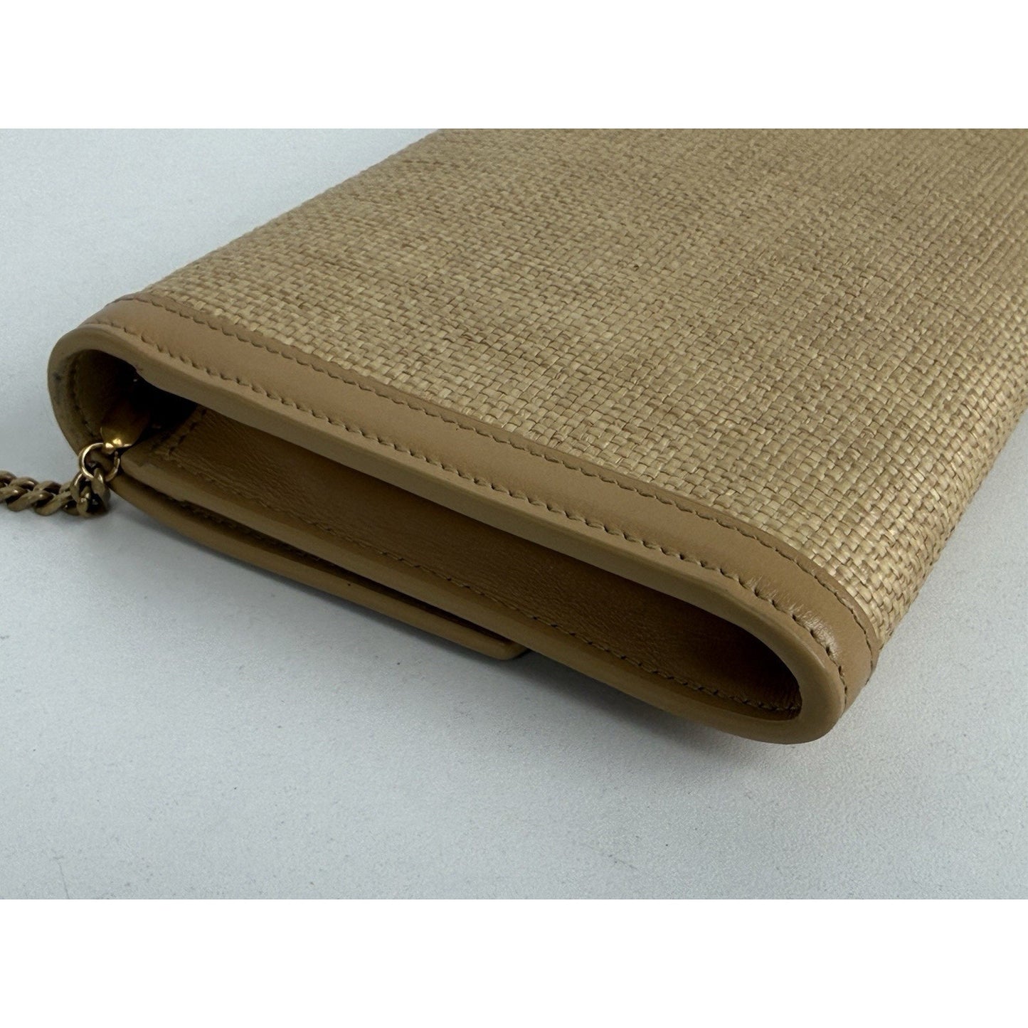 Saint Laurent Micro Raffia Monogram Uptown Chain Wallet – Natural Hay Blush