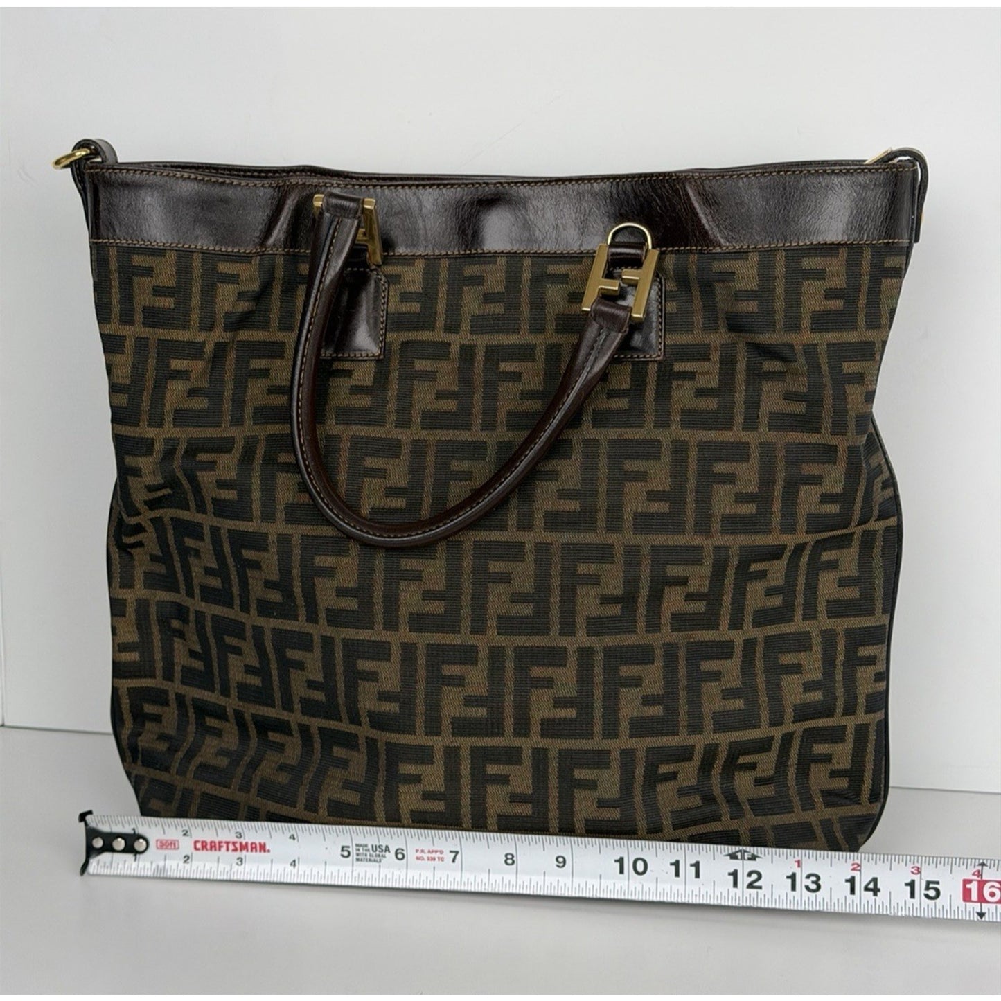 Fendi Zucca Tote Bag FF Monogram Canvas & Dark Brown Leather Trim S