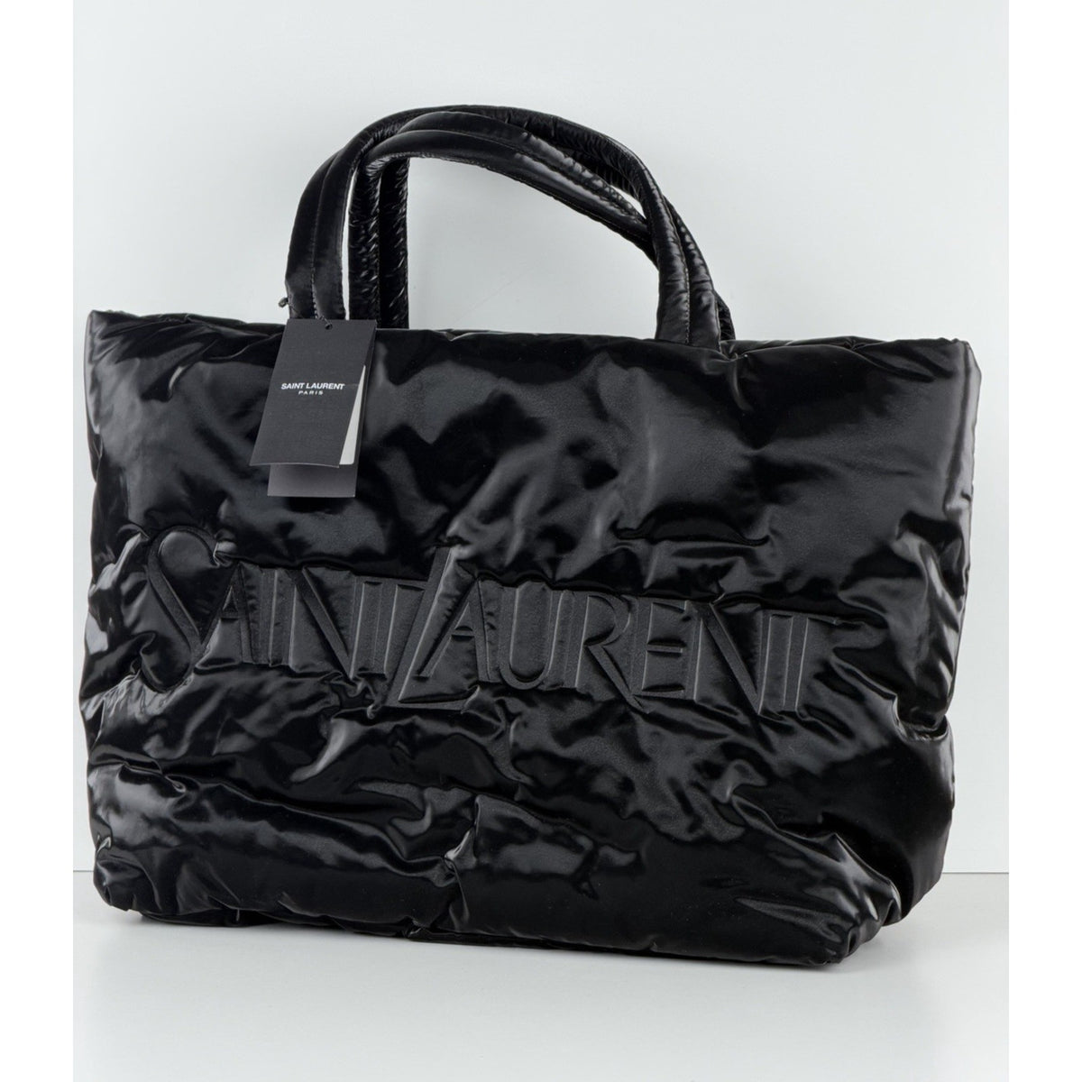 Saint Laurent Padded Tote Bag in Black Shiny Puffy Nylon with Embossed Logo C-6