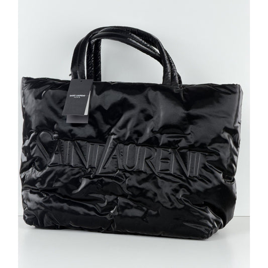 Saint Laurent Padded Tote Bag in Black Shiny Puffy Nylon with Embossed Logo C-6