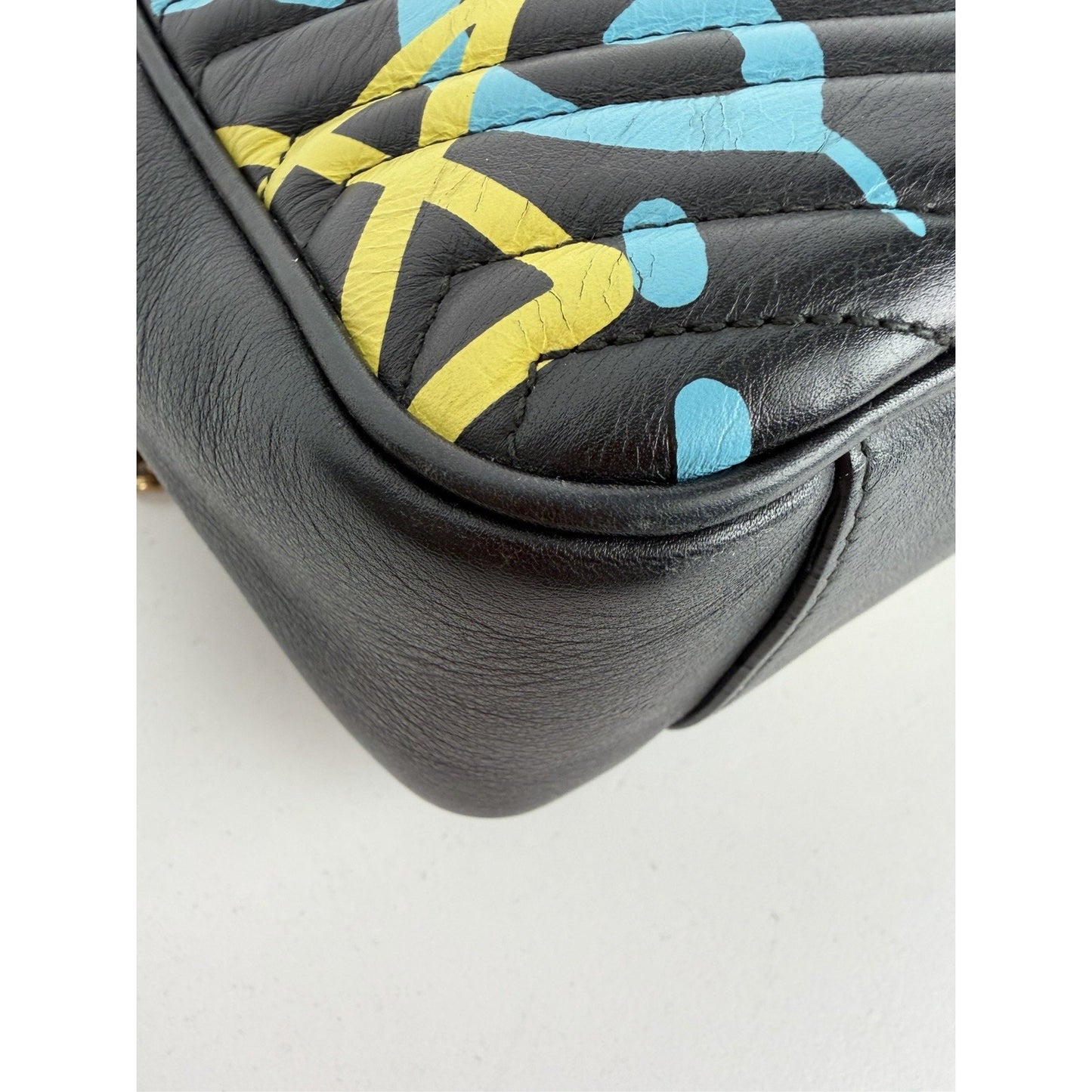Gucci Ghost GG Marmont Camera Bag Medium in Black Leather with Graffiti Print S1
