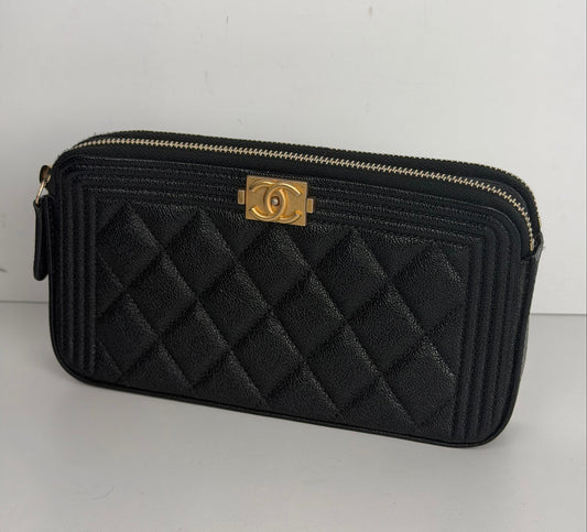 Chanel Boy Double Zip Chain Clutch Bag in Quilted Black Caviar Leather 2019 E-1