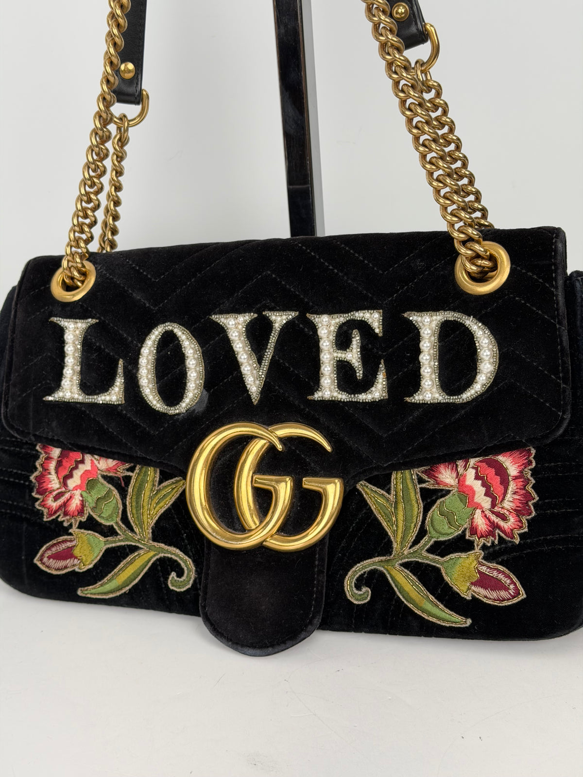Gucci Velvet Loved Embroidered Medium GG Marmont Shoulder Bag in Black Velvet YS-11
