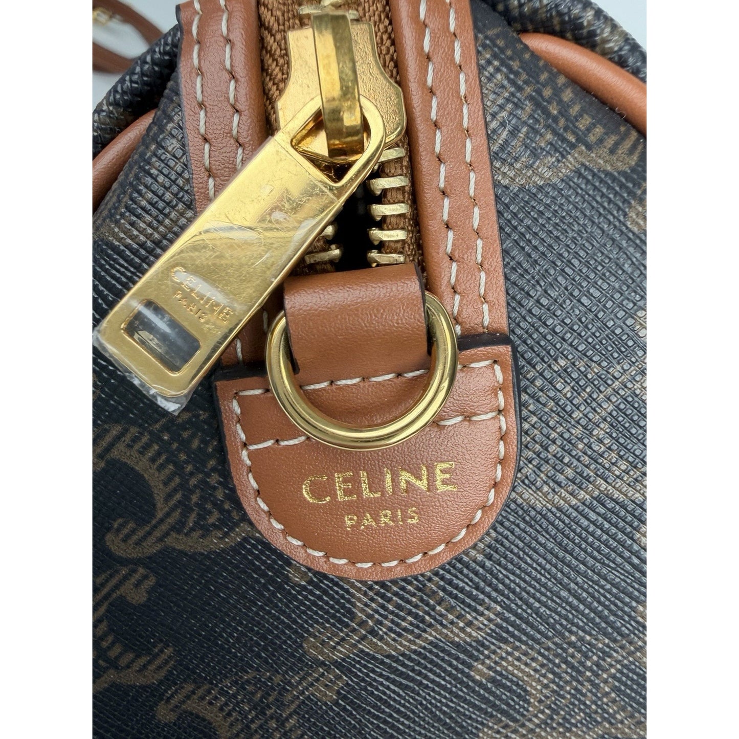 CELINE Small Boston Bag in Triomphe Canvas and Calfskin Leather E4