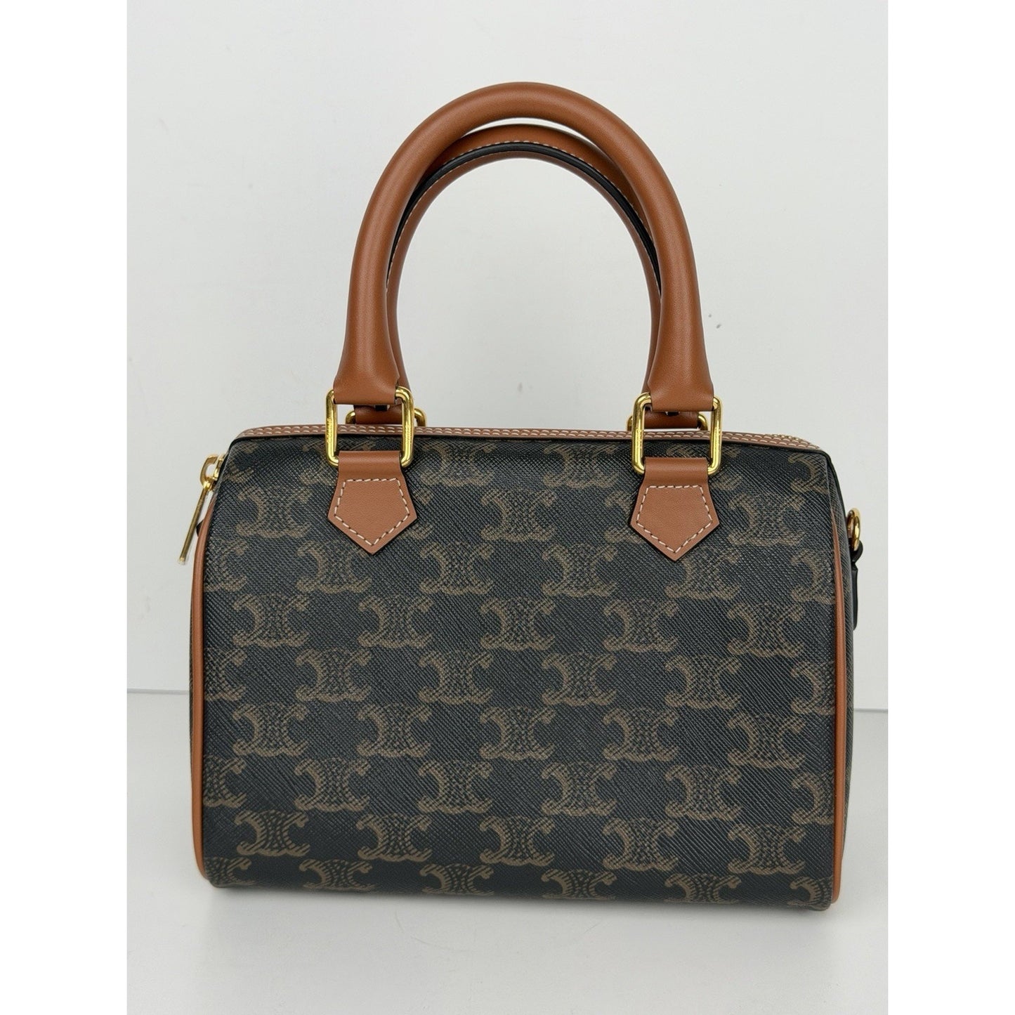 CELINE Small Boston Bag in Triomphe Canvas and Calfskin Leather E4