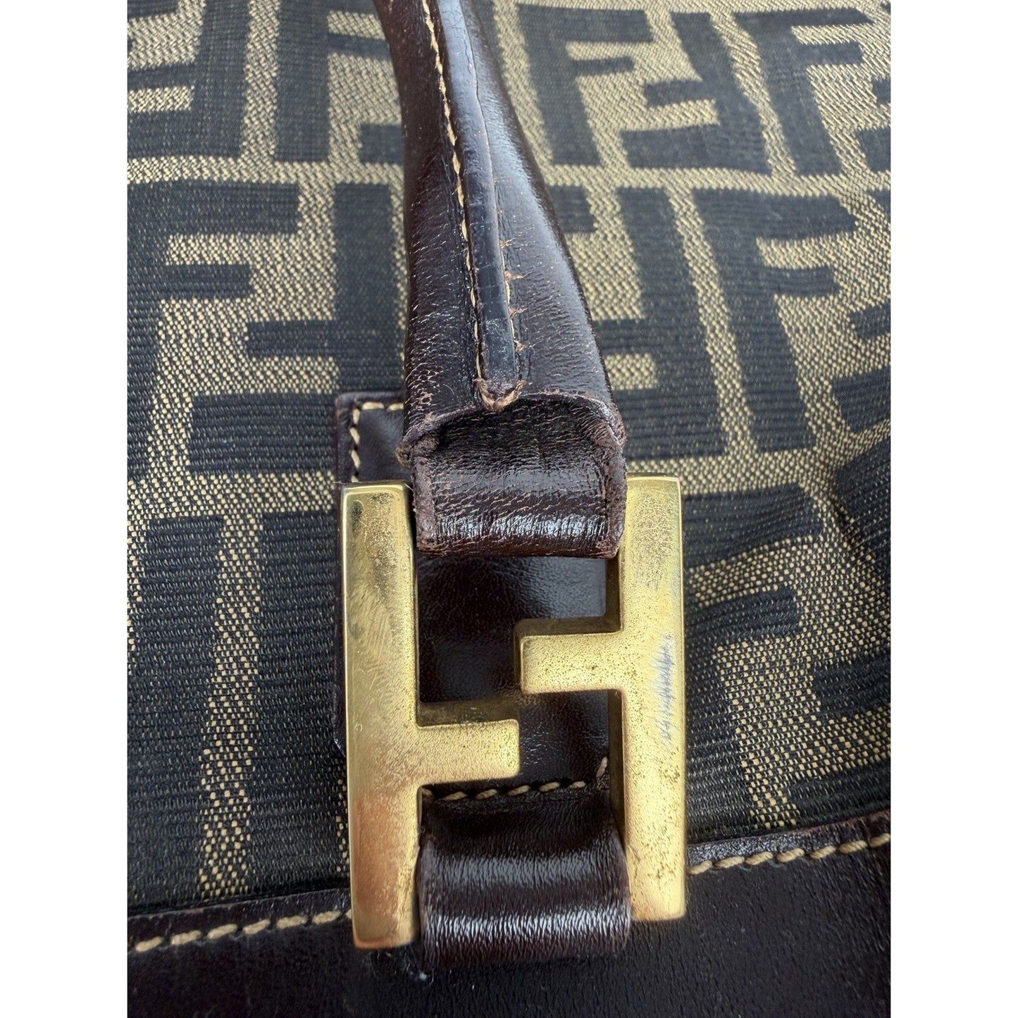 Fendi Zucca Tote Bag FF Monogram Canvas & Dark Brown Leather Trim S
