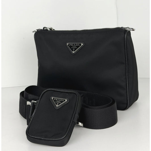 Prada Re-Nylon and Saffiano Leather Shoulder Bag in Black with Mini Pouch S01