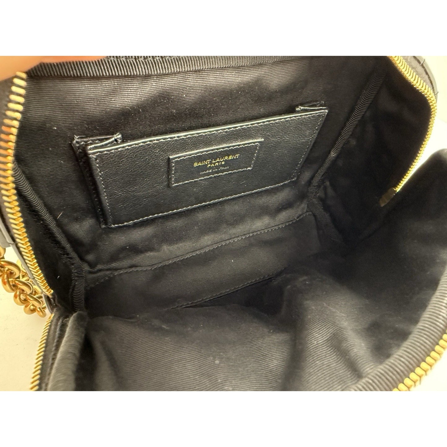 Saint Laurent Patent Calfskin Carré Quilted Cassandre Mini Camera Bag Black